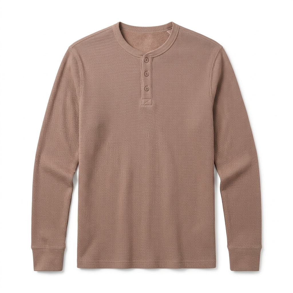 Nkollzqu™ Alder Micro-Waffle Henley Shirt – Men's Long-Sleeve Thermal Knit Three-Button Top
