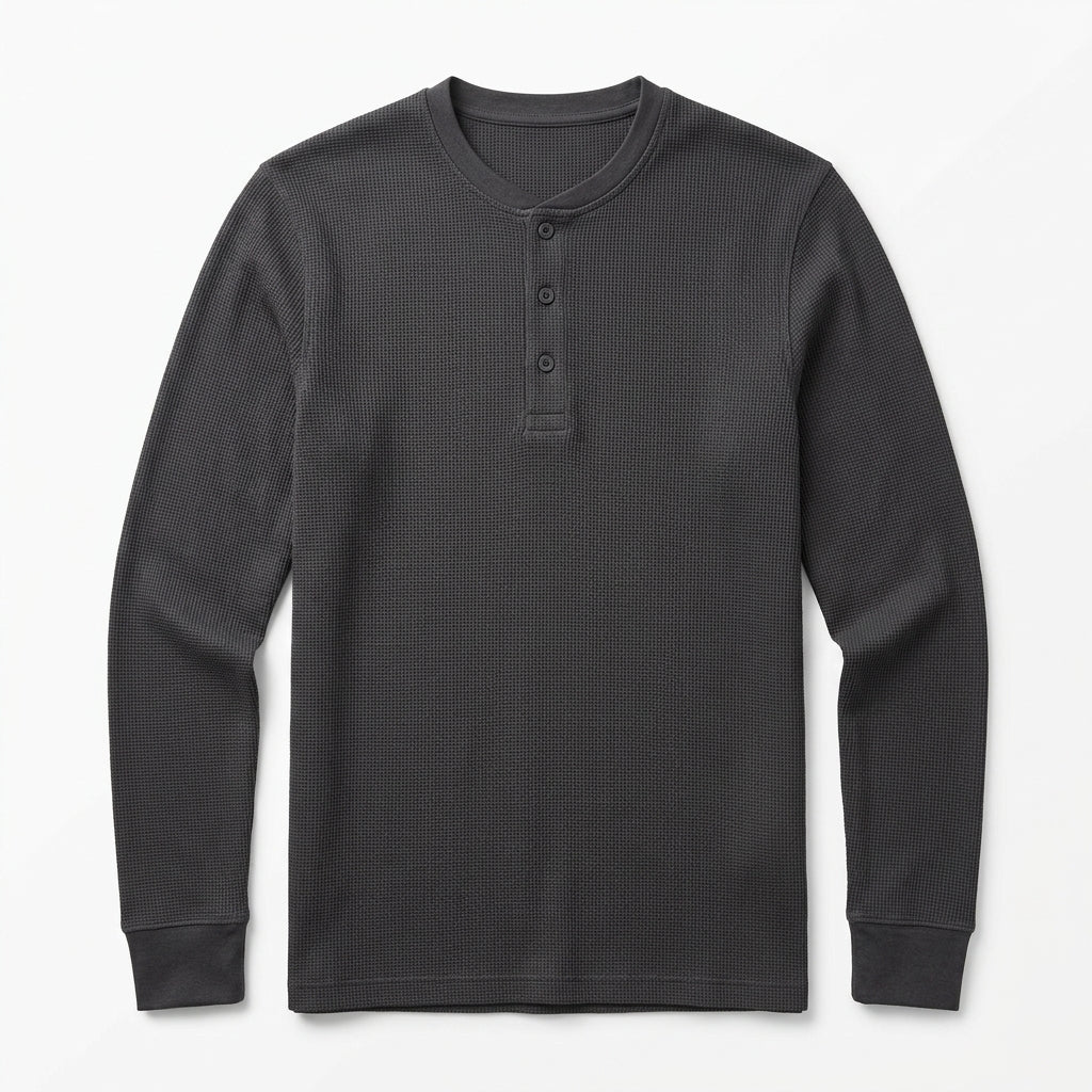 Nkollzqu™ Alder Micro-Waffle Henley Shirt – Men's Long-Sleeve Thermal Knit Three-Button Top