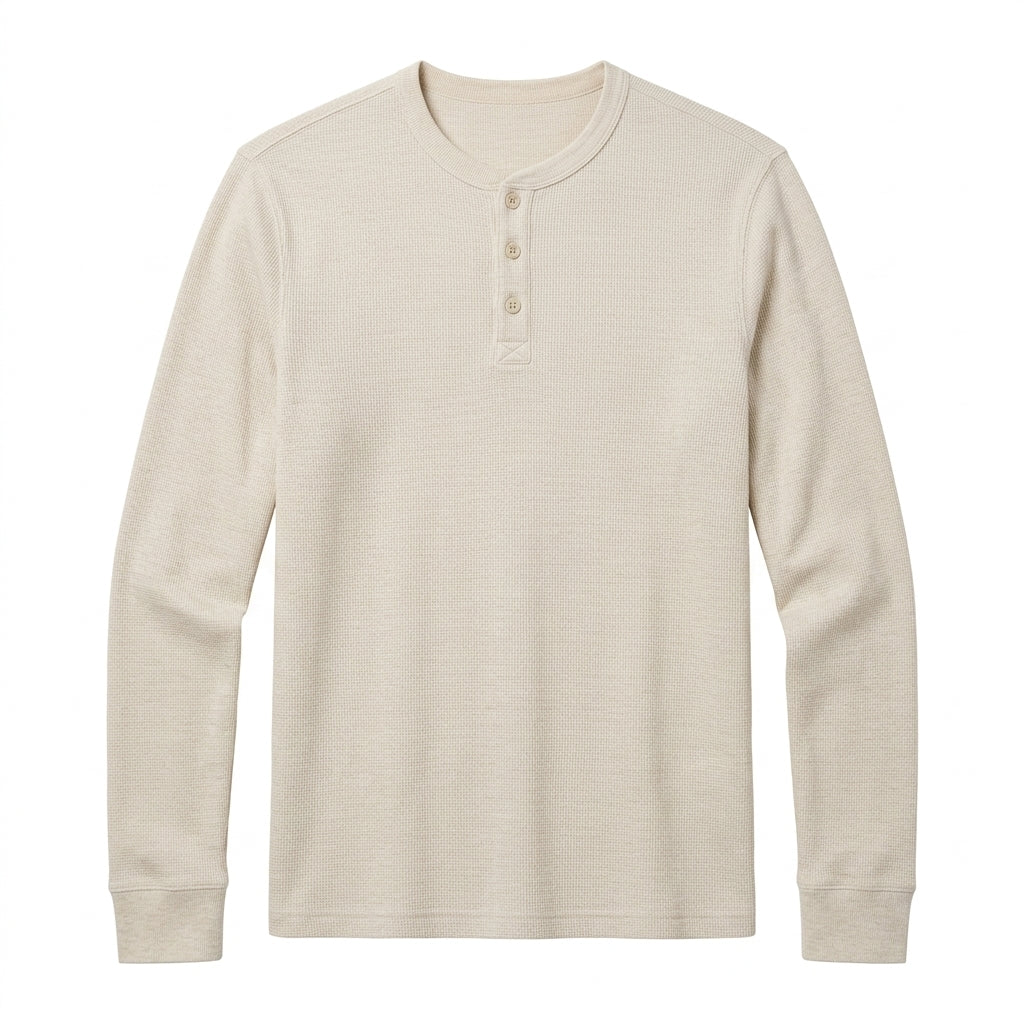 Nkollzqu™ Alder Micro-Waffle Henley Shirt – Men's Long-Sleeve Thermal Knit Three-Button Top