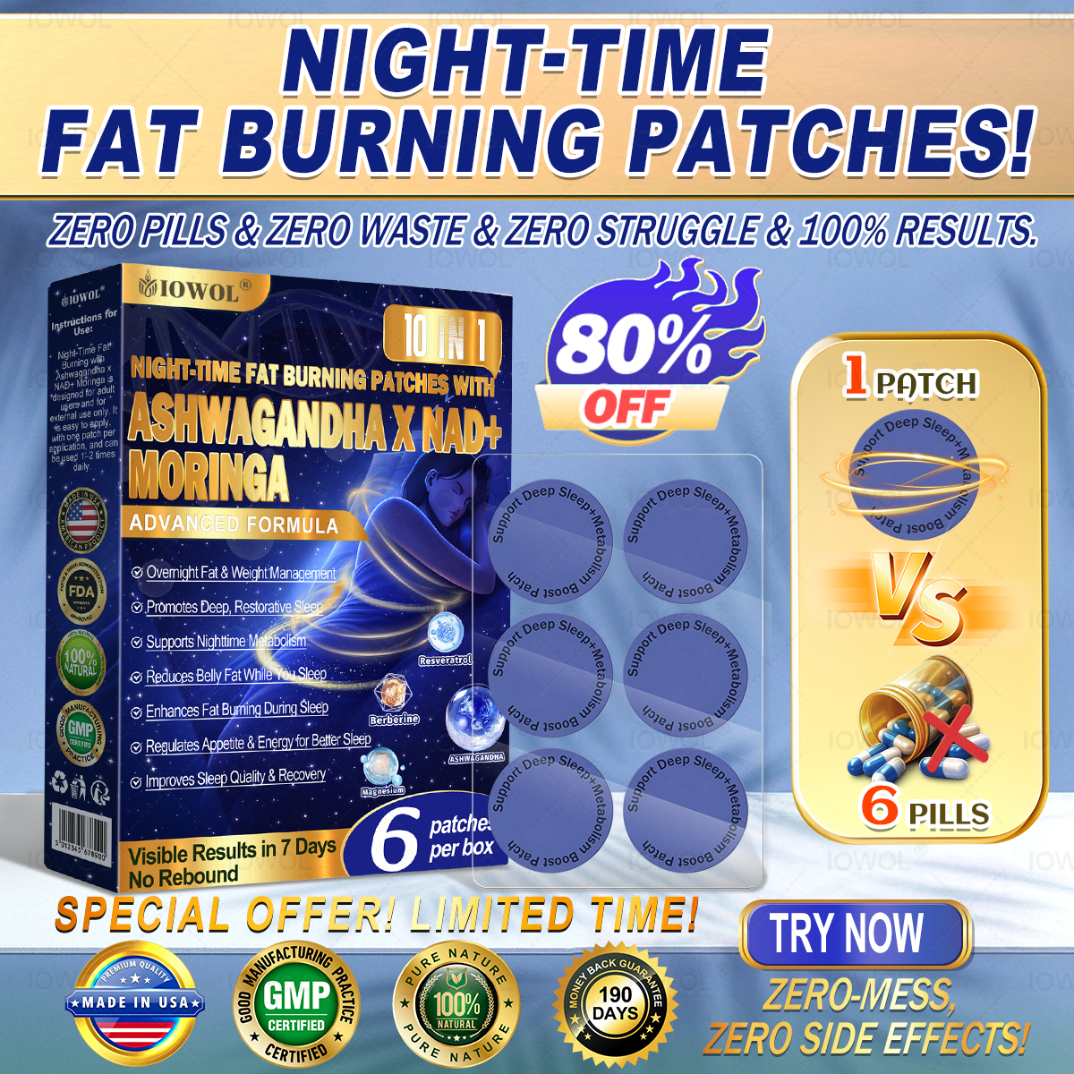 IOWOL ® NIGHT-TIME FAT BURNING PATCHES! ZERO PILLS & ZERO WASTE & ZERO STRUGGLE & 100% RESULTS.
