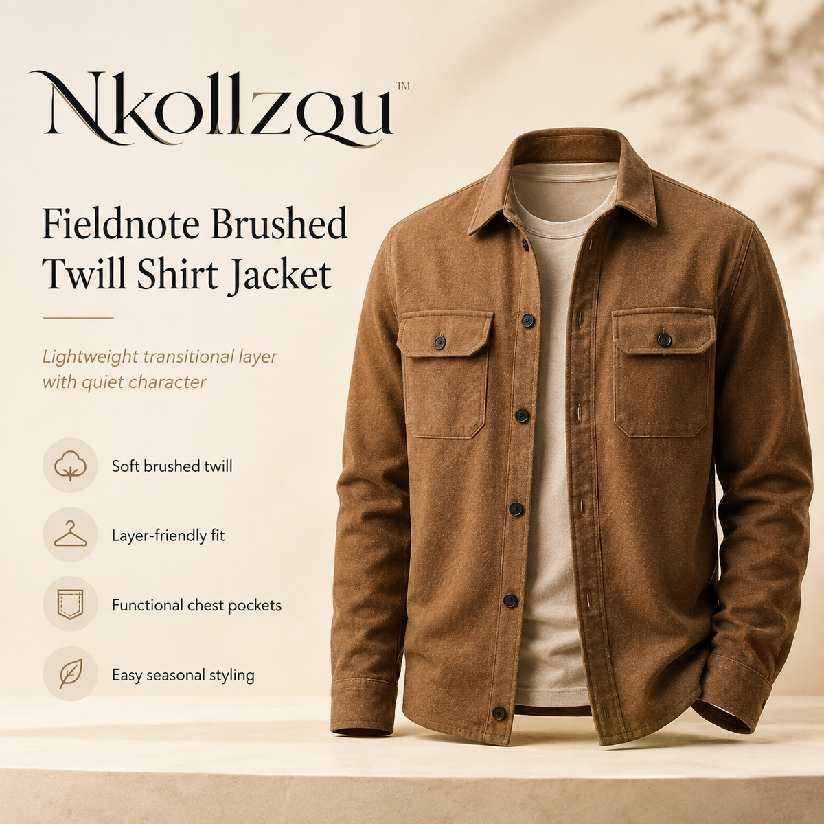 Nkollzqu™ Fieldnote Brushed Twill Shirt Jacket – Men's Lightweight Button-Front Workwear Shacket