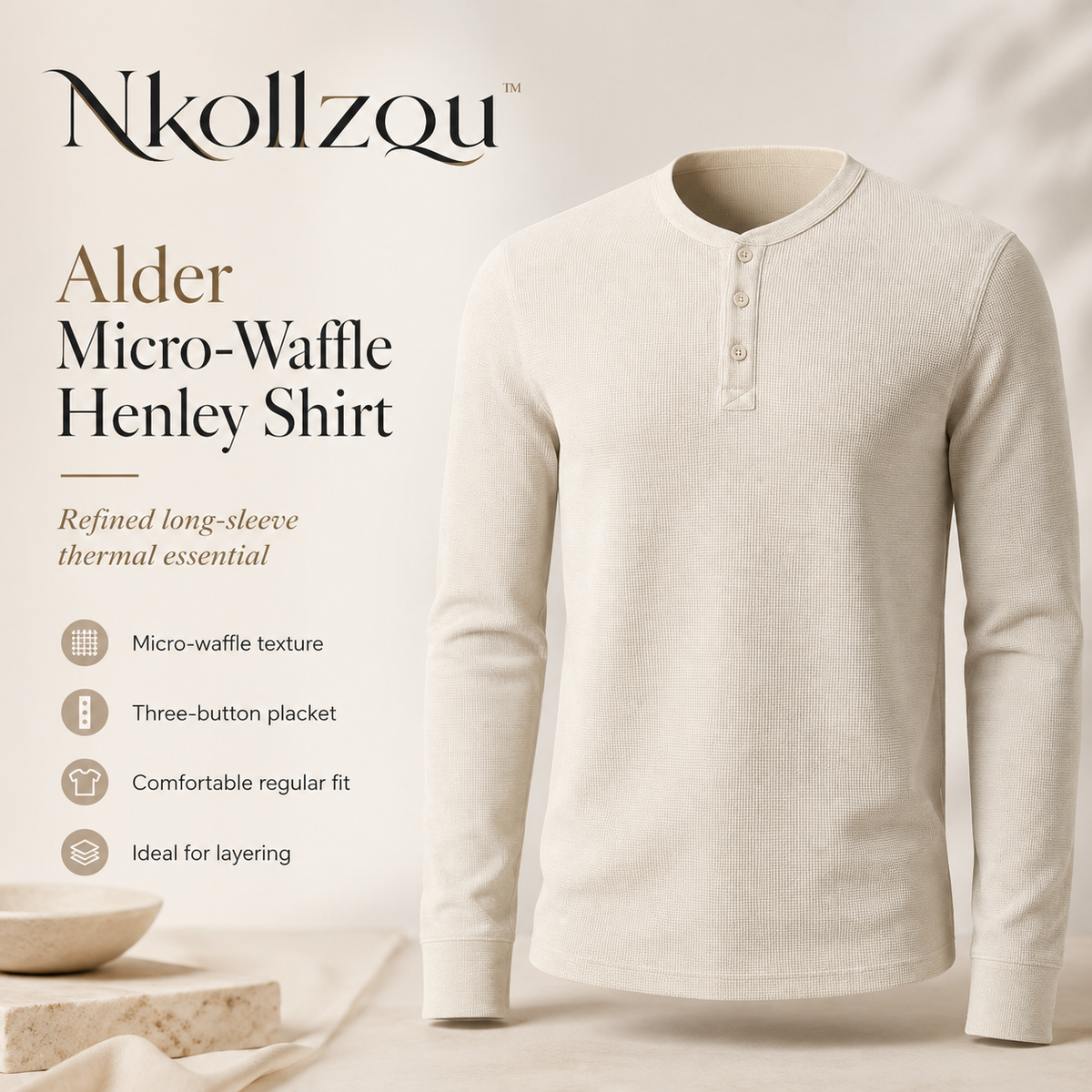 Nkollzqu™ Alder Micro-Waffle Henley Shirt – Men's Long-Sleeve Thermal Knit Three-Button Top