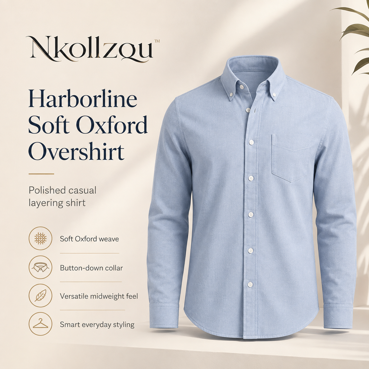 Nkollzqu™ Harborline Soft Oxford Overshirt – Men's Long-Sleeve Cotton-Blend Button-Down Work Shirt