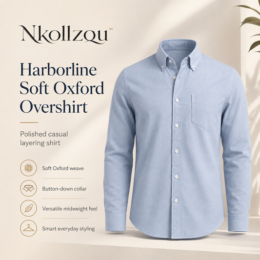 Nkollzqu™ Harborline Soft Oxford Overshirt – Men's Long-Sleeve Cotton-Blend Button-Down Work Shirt