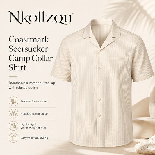 Nkollzqu™ Coastmark Seersucker Camp Collar Shirt – Men's Short-Sleeve Textured Summer Button-Up