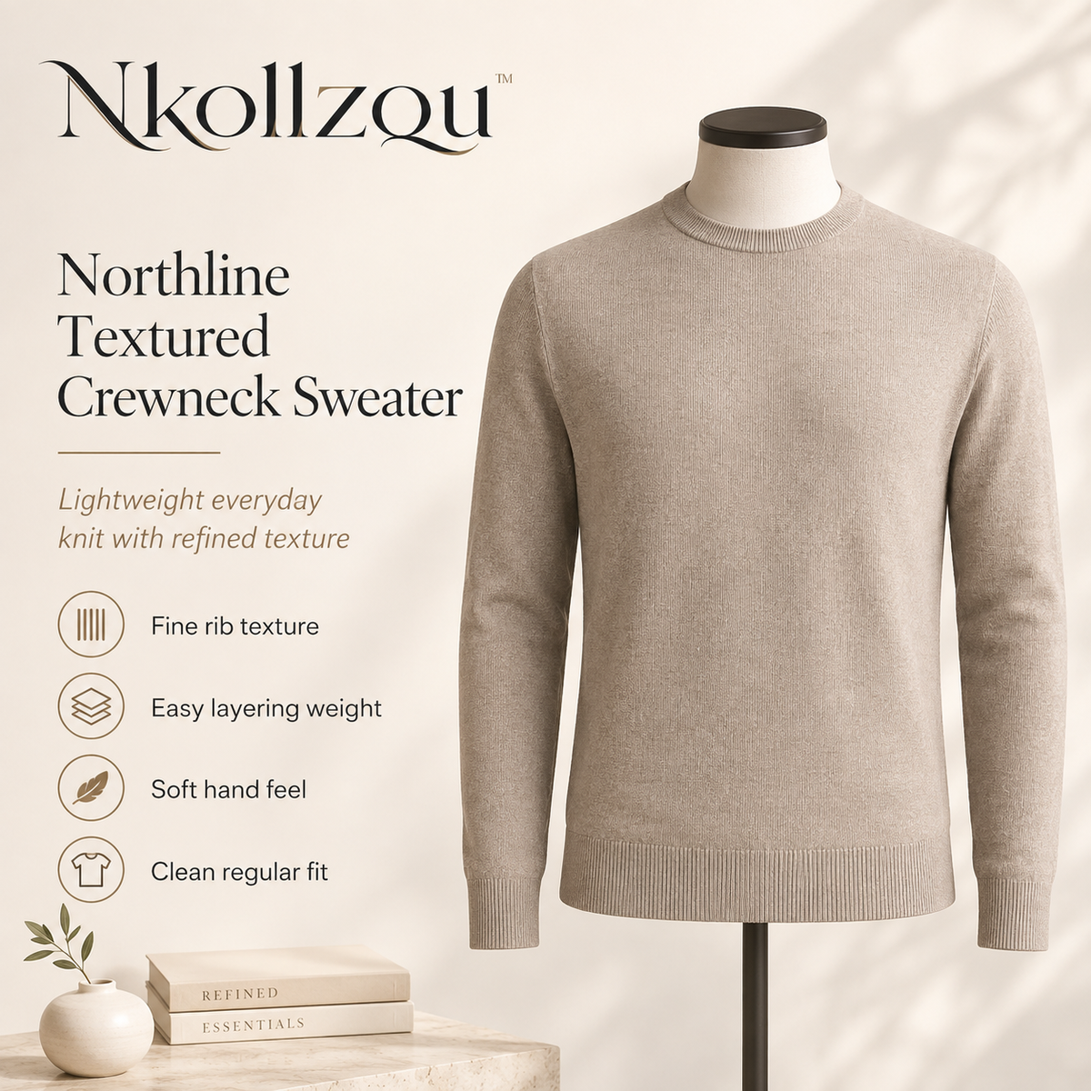 Nkollzqu™ Northline Textured Crewneck Sweater – Men's Lightweight Fine-Rib Cotton-Blend Pullover