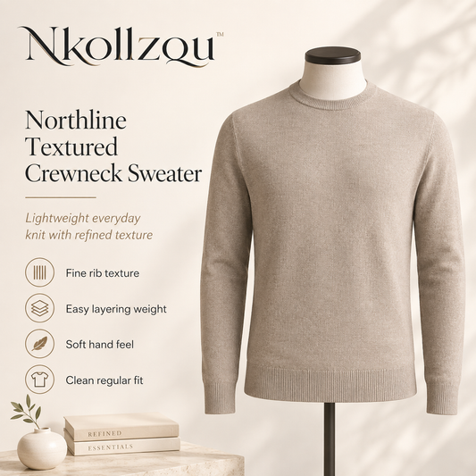 Nkollzqu™ Northline Textured Crewneck Sweater – Men's Lightweight Fine-Rib Cotton-Blend Pullover