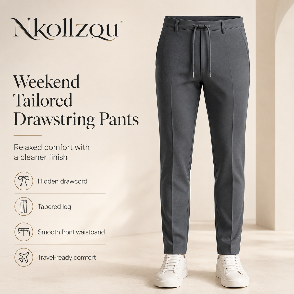 Nkollzqu™ Weekend Tailored Drawstring Pants – Men's Stretch Tapered Pull-On Commuter Trousers